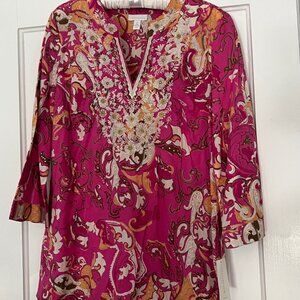 NWT Charter Club beaded embroidered tunic ~ Pink paisley print ~ Sz Medium